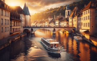 Bateau de croisière commentée sur le Doubs à Besançon, vue sur citadelle et remparts.